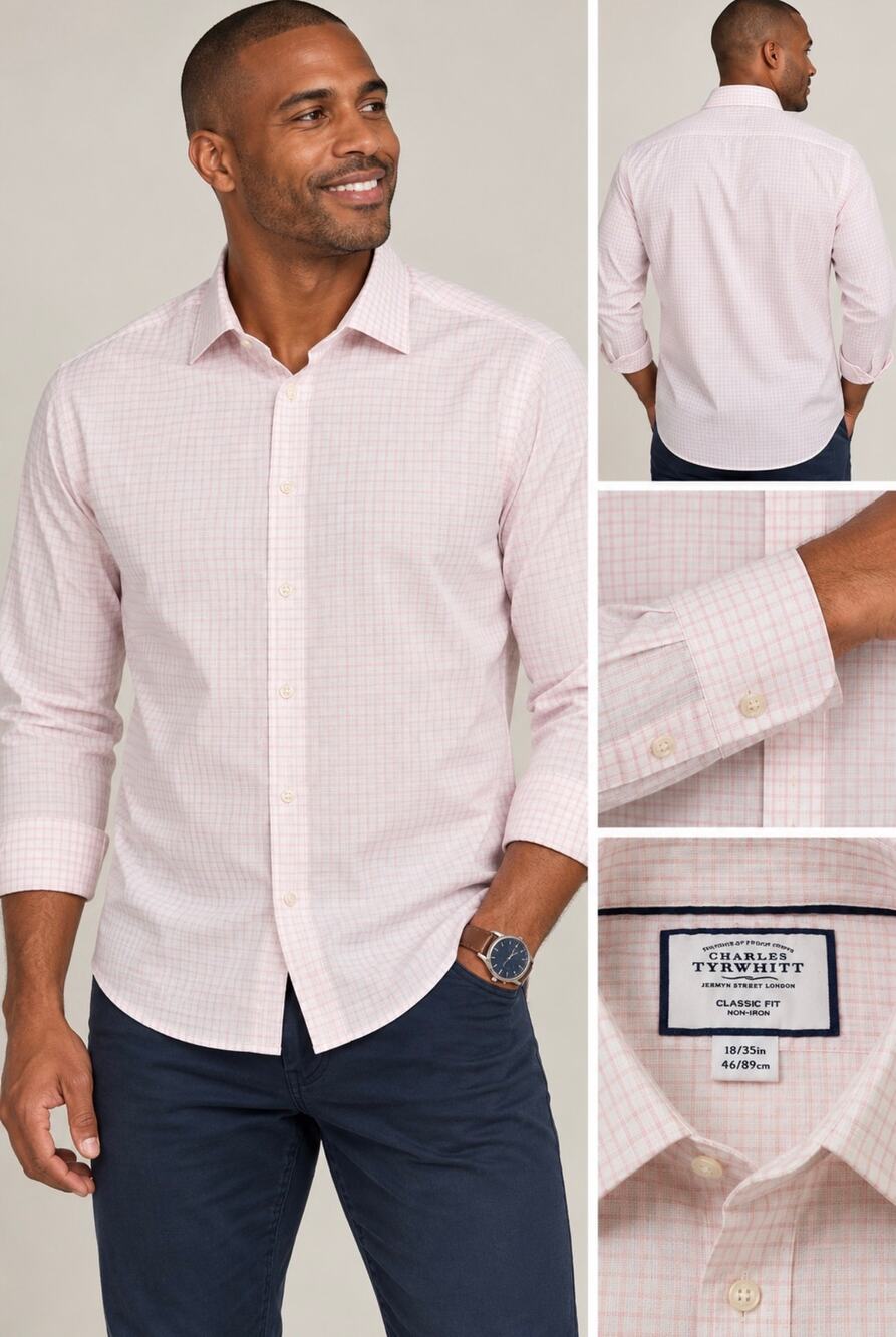 Charles Tyrwhitt Men’s 18/35 Pink Check Dress Shirt Classic Fit Non-Iron Cotton